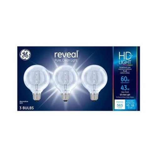 GE Reveal 43-Watt EQ G25 Dimmable 76101 Color-Enhancing Globe Decorative Halogen Light Bulb -3-Pack- re Light Bulbs 42686