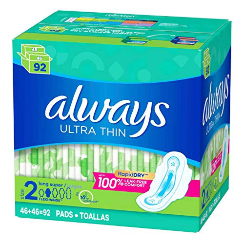 Always Ultra Thin Pads Size 2 Super Long Absorbency Unscented with Wings -92 ct-