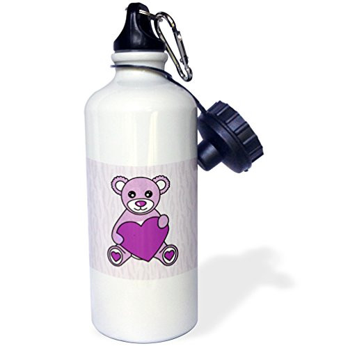 3dRose "Valentines Day Cute Purple Teddy Bear Holding Heart" Sports Water Bottle 21 oz White