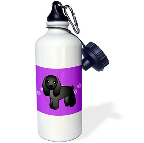 3dRose "Cute Black Cocker Spaniel Purple with Pawprints" Sports Water Bottle 21 oz White
