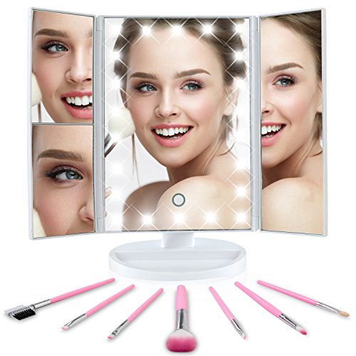 Tri-Fold Lighted Vanity Makeup Mirror, 180°Adjustable, Portable, LED Lights, Touch Screen and 3X/2X/1X Magnification Mirror, Countertop Cosmetic Mirror, Travel & Tabletop Mirror + FREE Makeup Brushes Tri-Fold Lighted Vanity Makeup Mirror, 180°Adjustable, Portable, LED Lights, Touch Screen and 3X/2X/1X Magnification Mirror, Countertop Cosmetic Mirror, Travel & Tabletop Mirror + FREE Makeup Brushes