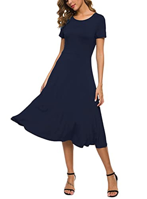 EXCHIC Women's Short Sleeve O-Neck Waisted Slim Solid Color Long Dress -L Navy Blue-