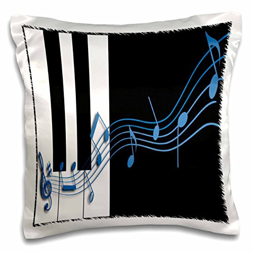 3dRose Blue Music Notes on Piano Keys Throw Pillow Covers, 16 x 16, White