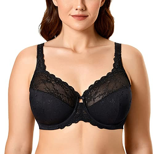 DELIMIRA Women's Minimizer Full Coverage Plus Size Lace Unlined Underwire Bra Black 36G