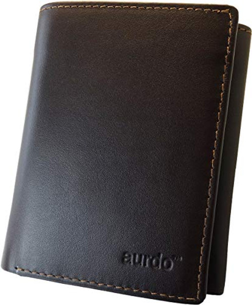 AurDo RFID Blocking Trifold Wallet with Zipper Coin Pocket  and  ID Window for Men -Vegetable Tanned Chocolate-