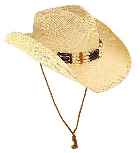 Cute Comfy Flex Fit Woven Beach Cowboy Hat Western Cowgirl Hat with Wood Bead Hatband Adjustable Chin Strap -Natural-