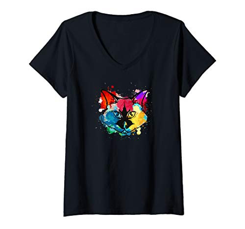 Womens Watercolor Birman Cat Mom Splat Paint Gift V-Neck T-Shirt