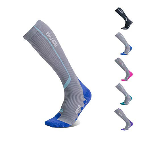 Thirty48 Elite Compression Socks, Graduated 20-30mmHg Compression for Performance and Recovery, Best for Running, Shin Splints (L/XL (US Women 11-14+ / US Men 9-13), [1 Pair] Blue/Grey)