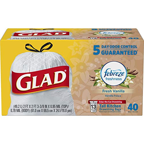 Glad Tall Kitchen Drawstring Trash Bags - OdorShield 13 Gallon White Trash Bag, Febreze Fresh Vanilla and Cream - 40 Count Glad Tall Kitchen Drawstring Trash Bags - OdorShield 13 Gallon White Trash Bag, Febreze Fresh Vanilla and Cream - 40 Count