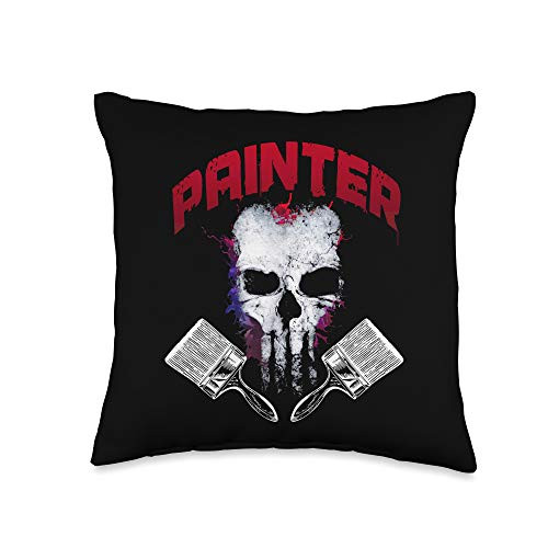 Painter Gifts Skull and Paint Brushes Throw Pillow 16x16 Multicolor