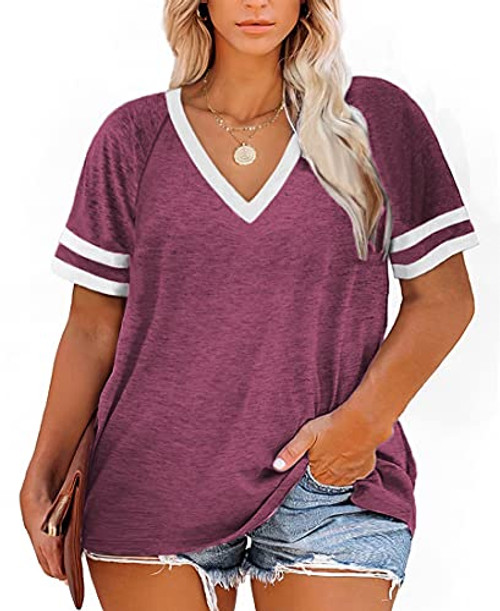 Plus Size Tops Short Sleeve V Neck Tunic Shirts Casual Blouses Tees Wine Red 2XL Plus Size Tops Short Sleeve V Neck Tunic Shirts Casual Blouses Tees Wine Red 2XL