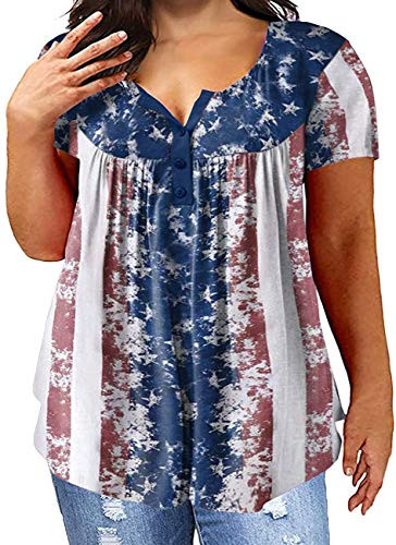 Womens Plus Size V Neck Henley Tank Tops Summer Sleeveless Buttons Up Pleated Flowy Casual Tunic Tops -4X Short Sleeve-Flag-