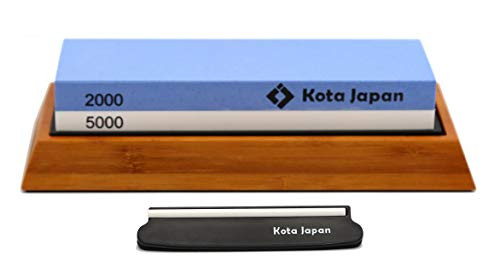Kota Japan Combination Dual Sided 2000-5000 Grit Diamond Knife Sharpener Whetstone Set for Coarse Sharpening  and  Fine Polishing. Water Stone Kit - Adjustable Bamboo Holder Base - Precision Blade Guide