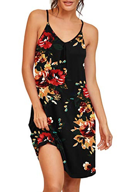 PrinStory Women's V Neck Sleepwear Loose Nightgown Pajama Dress Soft Nightshirt Sleeveless Nightdress Short Chemise US Medium FP Brown Black