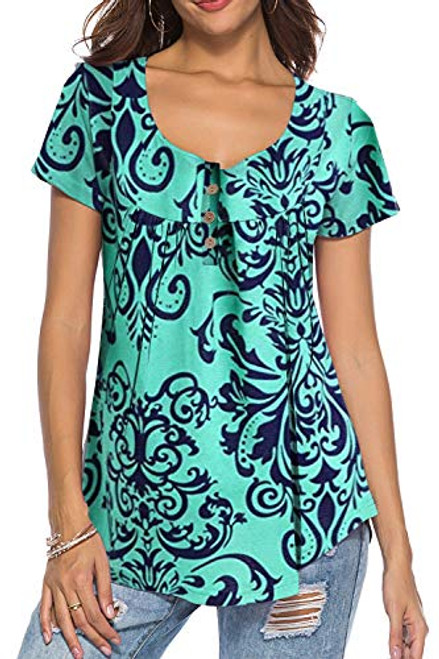 Women's Paisley Printed Button Top Short Sleeve Henley V Neck T-Shirt Pleated Casual Flowy Tunic Blouse -Green x_l-