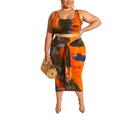 Sexy Plus Size 2 Piece Midi Dress Outfits Sleeveless Tie Dye Print Tank Crop Top Bodycon Skirts Set for Women -Orange XXXXXL-