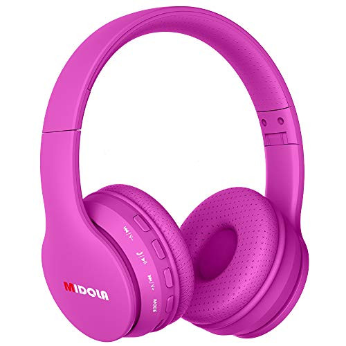 Midola Volume Limited 85dB Kids Headphone Bluetooth Wireless Over Ear Foldable Stereo Sound Noise Protection Headset with AUX 3.5mm Cord Mic for Boys Girls Cellphone Pad Tablets TV PC Rose Red