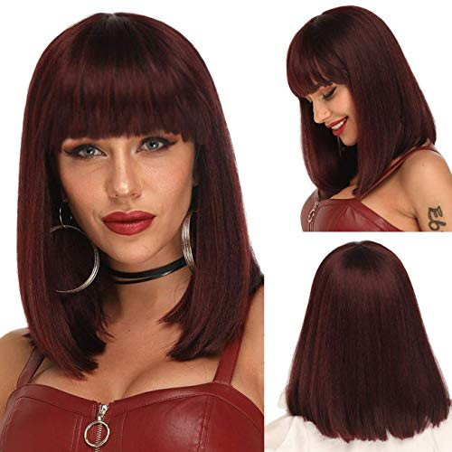 Ebingoo 16 Inches Straight Short Bob Synthetic Wig with bangs Wine Red Hair for Women Heat Resistant Wig for Party Daily Wear for Cosplay Ebingoo 16 Inches Straight Short Bob Synthetic Wig with bangs Wine Red Hair for Women Heat Resistant Wig for Party Daily Wear for Cosplay