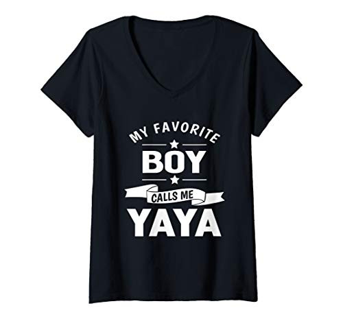 Womens Graphic 365 My Favorite Boy Calls me Yaya Grandma Gift V-Neck T-Shirt