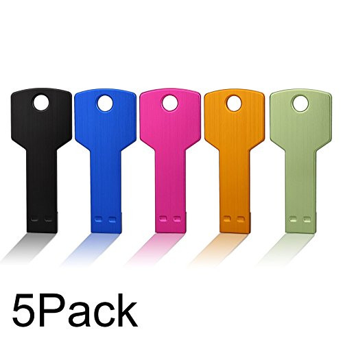 JUANWE 5 Pack 4GB USB Flash Drive USB 2.0 Metal Thumb Drives Jump Drive Memory Stick Key Shape - Black/Blue/Pink/Gold/Green(4GB,5 Mixed Color)