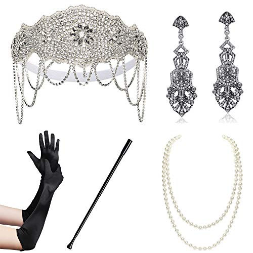 BABEYOND 1920s Flapper Accessories Gatsby Costume Accessories Set 20s Flapper Headband Pearl Necklace Gloves Cigarette Holder -Set-40-