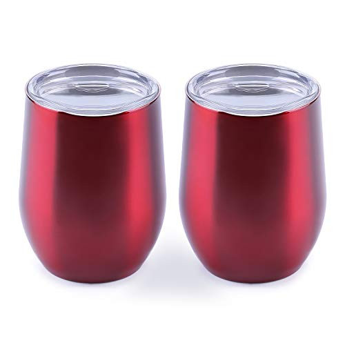 WBRWP 12oz Travel Wine Tumblers with Lid - Double-Vacuum Insulated Stainless Steel Stemless Reusable Tumbler Cup Mug with Lid for Wine, Coffee, Drinks, Champagne, Cocktails 2 Pieces -Red