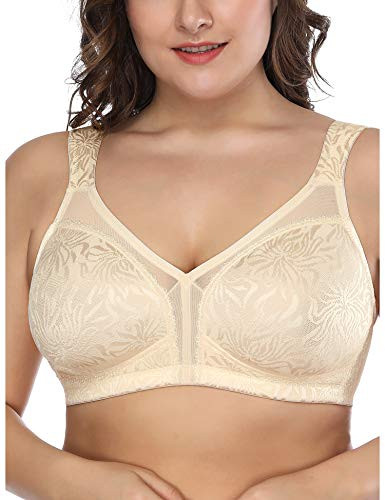 Deyllo Women's Full Coverage Plus Size Comfort Minimizer Bra Wirefree Non Padded-Beige42C-