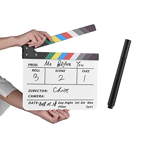 Andoer Dry Erase Acrylic Director Film Clapboard Movie TV Cut Action Scene Clapper Board Slate with Marker Pen Black-White Stick White