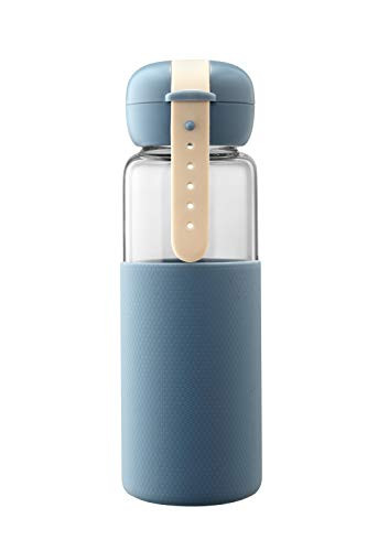 WTX 12 OZ Portable Creative Glass Water Bottles with Heat-Resistant Silica Gel Lid and Protective Rubber-BPA Free Blue Colors