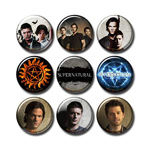 Pentagonwork 9 pcs Supernatural Button Pins Set Pack 1.5"-3.7cm TV Show Casts Sam Dean Winchester Castiel 253-P003
