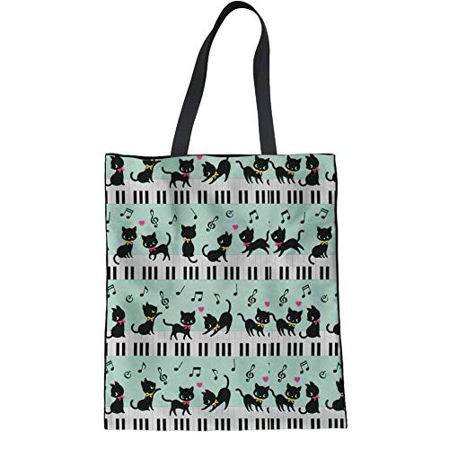 HUGS IDEA Music Note Printing Tote Shoulder Bag Cute Cat Piano Keyboard Handbag Cotton Linen Totes Shopping Bags for Women