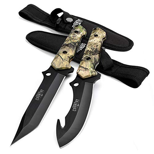 MOSSY OAK Fixed Blade Hunting Knife Set - 2 Piece Full Tang Handle Straight Edge and Gut Hook Blades Game Processing Knife Sheath Included