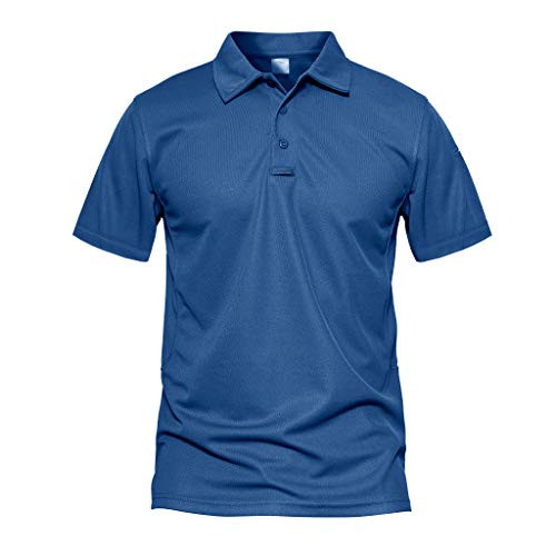 CRYSULLY Men's Turn-Down Collar Tactical T-Shirt Short Sleeve Tee Shirt Military Polo Shirt Color Blue