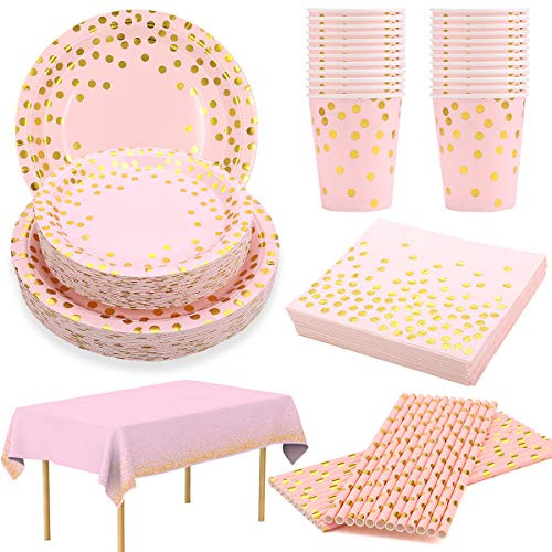 24 Guests Pink and Gold Party Supplies Disposable Party Plates Tableware Napkins Cups Straws Table Cloth for Baby Shower Girl 1st 13th Birthday Party Engagement Bridal Shower Gold Pink Paper Plates