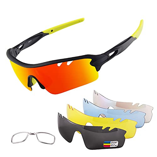 Polarized Sports Sunglasses Cycling Sun Glasses for Men Women with 5 Interchangeable Lenes for Running Baseball Golf Driving -Black Yellow-