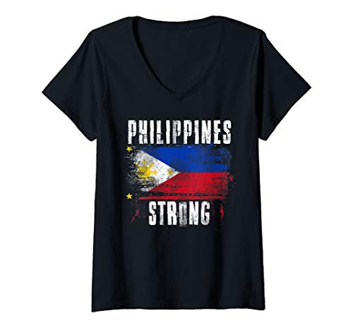 Womens Philippines Strong Distressed Flag - Filipino Pride V-Neck T-Shirt