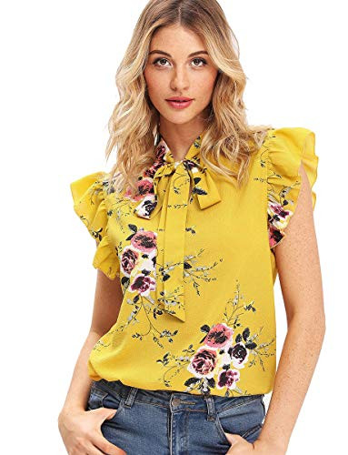 Romwe Women's Floral Casual Short Sleeve Ruffle Trim Bow Tie Blouse Top Shirts Yellow S