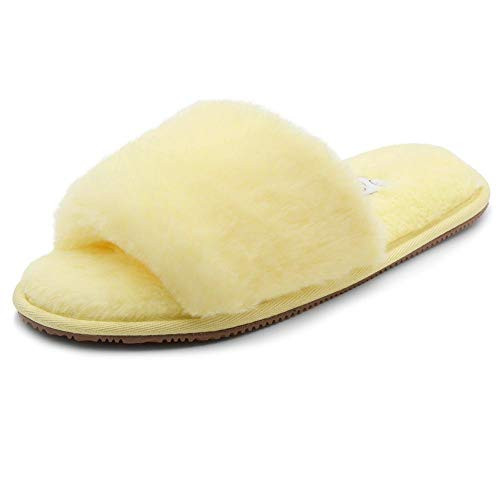 Shoe Land SL-ADRERINIA Women's Fuzzy Slides Open Toe Faux Fur Flat Sandals Fashion House Indoor or Outdoor Slippers Yellow 9.0