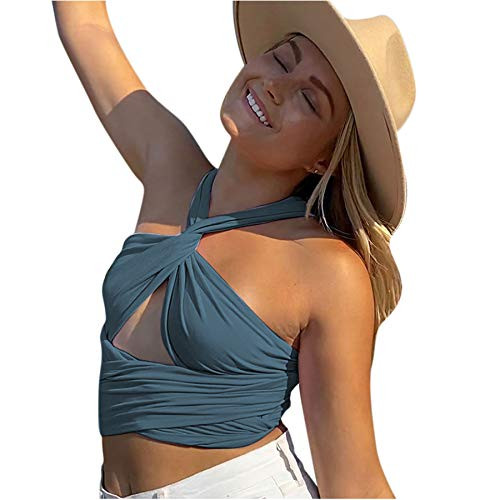 RARITYUS Women Sexy Halter Criss Cross Crop Top Self Tie Tank Top Cut Out for Rave Cami Clubwear Pale Blue RARITYUS Women Sexy Halter Criss Cross Crop Top Self Tie Tank Top Cut Out for Rave Cami Clubwear Pale Blue