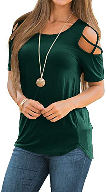 NILOUFO Womens Summer T Shirts Short Sleeve Tunic Strappy Cold Shoulder Tops-02-Dark Green Large- NILOUFO Womens Summer T Shirts Short Sleeve Tunic Strappy Cold Shoulder Tops-02-Dark Green Large-