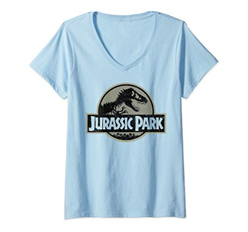 Womens Jurassic Park Vintage Distressed Logo V-Neck T-Shirt