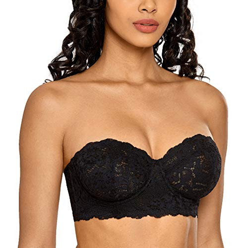 DOBREVA Women's Lace Strapless Bralette Bandeau Balconette Unlined Underwire Bra Black 34B DOBREVA Women's Lace Strapless Bralette Bandeau Balconette Unlined Underwire Bra Black 34B