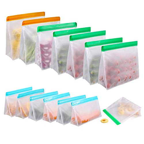 Food Storage Bags for Reusable 14 Pack Stand Up FDA Grade Leakproof Reusable Vacuum Bags 2 Gallon  and  6 Sandwich Lunch Bags  and  6 Small Kids Snack Reusable Bags For Meat Fruit Cereal Snacks