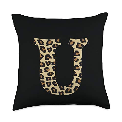 SqueakyRicardo Animal Print Leopard Cheetah Print Letter U Initial Rustic Monogram Gift Throw Pillow 18x18 Multicolor