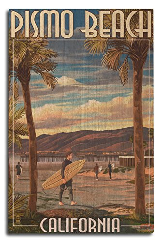 Lantern Press Pismo Beach California Surfer and Pier -10x15 Wood Wall Sign Wall Decor Ready to Hang-
