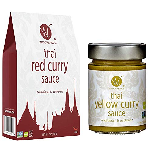 WATCHAREE'S Thai Sauces - Delicious Authentic Pouch Jar Combo - Thai Red Curry Thai Yellow Curry -1 pouch 1 jar-