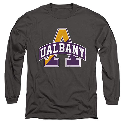 University at Albany Official Distressed Primary Unisex Adult Long-Sleeve T Shirt Charcoal Small University at Albany Official Distressed Primary Unisex Adult Long-Sleeve T Shirt Charcoal Small