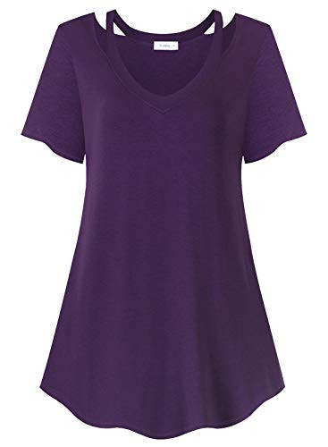 Siddhe V Neck Short Sleeve Tunic Tops Flare Hem Basic T Shirts Blouse for Women Purple M