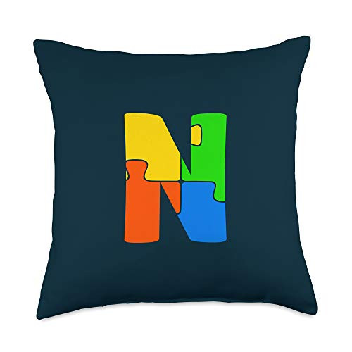 26 Initials Letter Name for Kids Capital Letter N Initial Cute Puzzle Kids Bedroom Decoration Throw Pillow 18x18 Multicolor