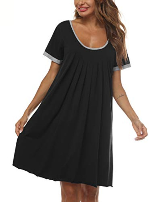 Alletya Women's Gowns Sleepwear Black Sleep Dress Short Sleeve Sleepshirt Round Neck Nightwear Night Dress for Sleep Nightshirt-BlackM- Alletya Women's Gowns Sleepwear Black Sleep Dress Short Sleeve Sleepshirt Round Neck Nightwear Night Dress for Sleep Nightshirt-BlackM-
